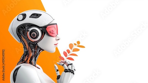 Futuristic Robot Woman with Leaf in Hand Against Orange Background