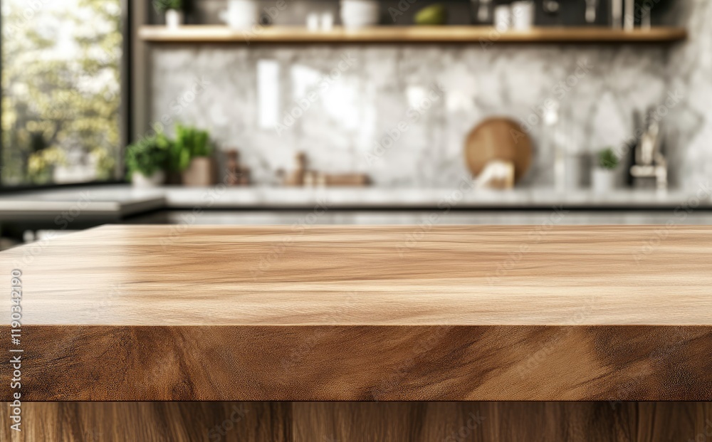 Empty wooden table top with a blurred kitchen background for product display Empty wooden table top with a blurred kitchen background for product display