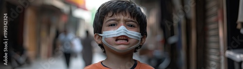 Child Wearing Mask in Urban Alleyway - Highlighting Health Precautions in Public Spaces