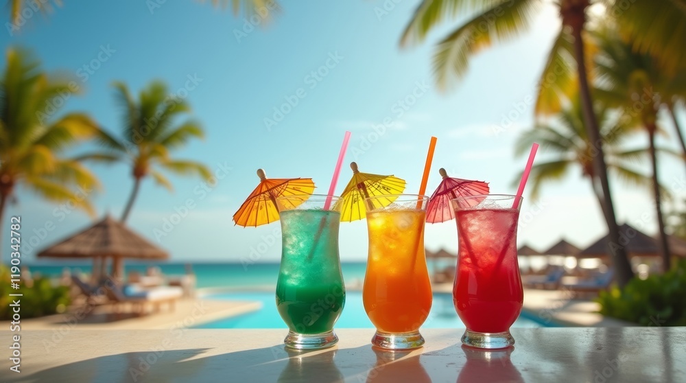Refreshing iced vacation drinks with umbrellas served at a resort bar, with palm trees and a pool in the background on a sunny day. Refreshing iced vacation drinks with umbrellas served at a resort bar, with palm trees and a pool in the background on a sunny day.