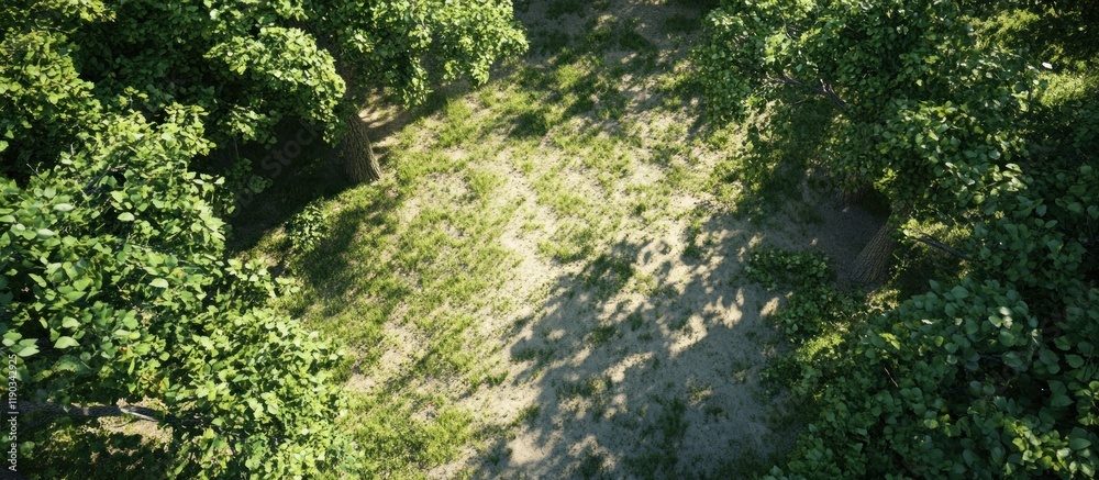 Aerial view of a sun-dappled forest path. Aerial view of a sun-dappled forest path.