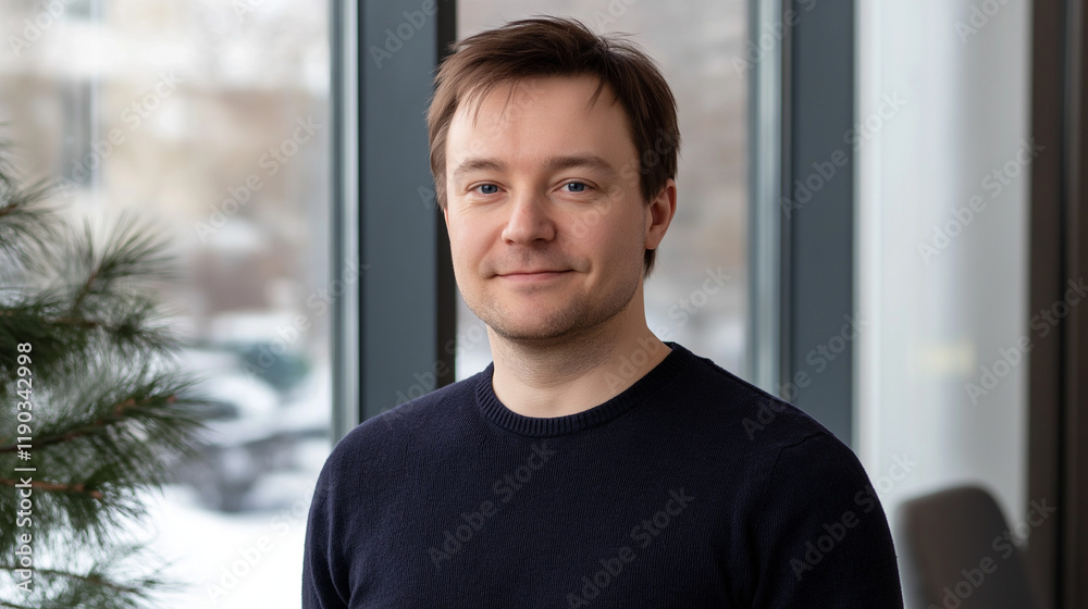 European man with friendly smile in modern setting. Ideal for professional services, corporate culture, or workplace success. European man with friendly smile in modern setting. Ideal for professional services, corporate culture, or workplace success.