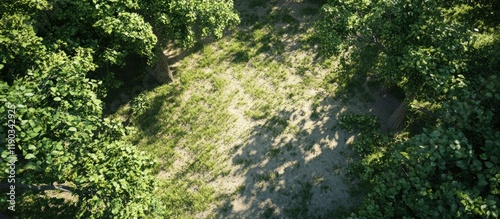 Aerial view of a sun-dappled forest path.