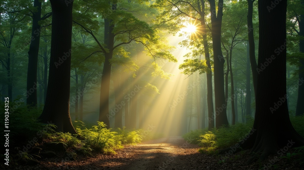 Fototapeta premium Sunlight rays streaming through a dense forest canopy