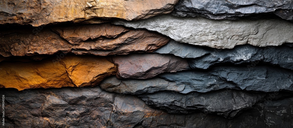 Layered rock texture with various shades of brown, gray, and black.