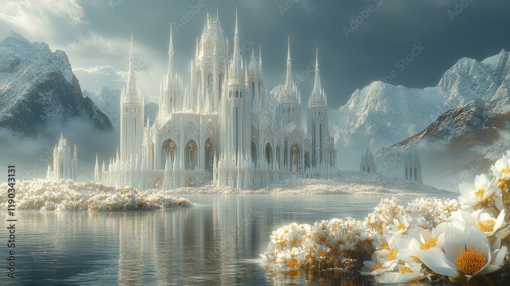Fototapeta premium Majestic white castle on a lake, surrounded by snow-capped mountains and flowers.