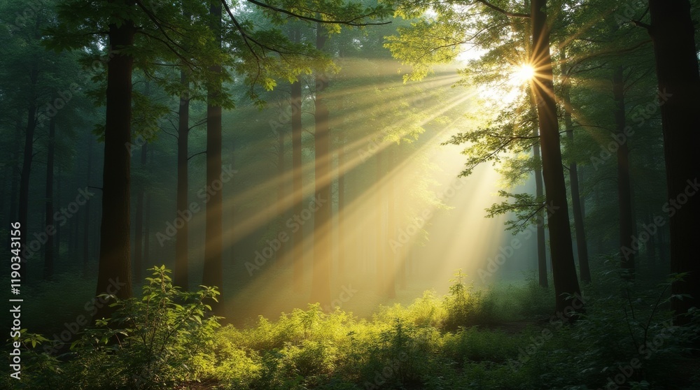Obraz premium Sunlight rays streaming through a dense forest canopy