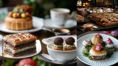 Turkish cuisine food, baklava dessert, coffee and tea drinks with pastry sweets, vector menu. Turkish confectionery and patisserie lokum delight, borek cigara, chocolate cake and tavuk gogsu pudding photo