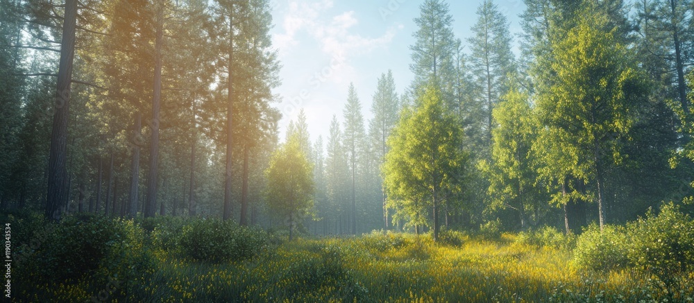 Obraz premium Sunlit forest path with tall trees and wildflowers.