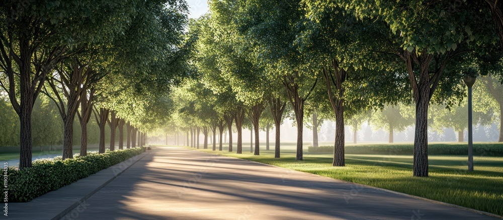 Sunlit path through a tree-lined avenue. Sunlit path through a tree-lined avenue.