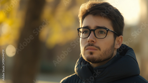 Thoughtful young man with glasses in autumn setting. Ideal for modern lifestyle, urban youth culture, and casual fashion content.
