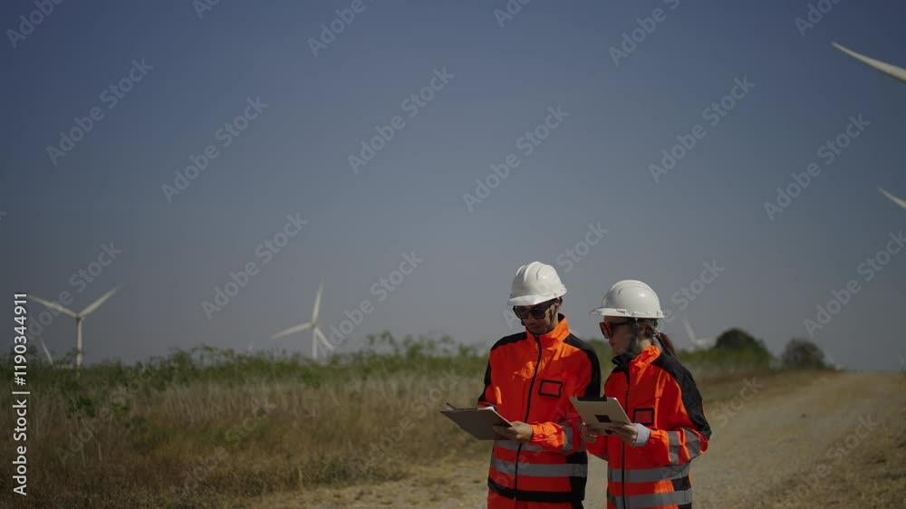 Engineers work at windmill farm. Sustainable energy, environment. Engineers work at windmill farm. Sustainable energy, environment.