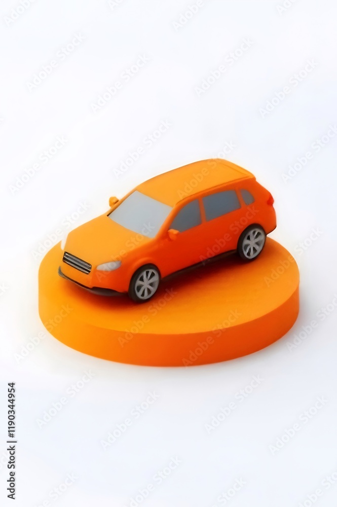 Orange miniature SUV model on orange platform. Orange miniature SUV model on orange platform.