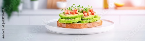 healthy superfoods anti-inflammatory concept. Fresh avocado toast topped with tomatoes and herbs on a white plate.