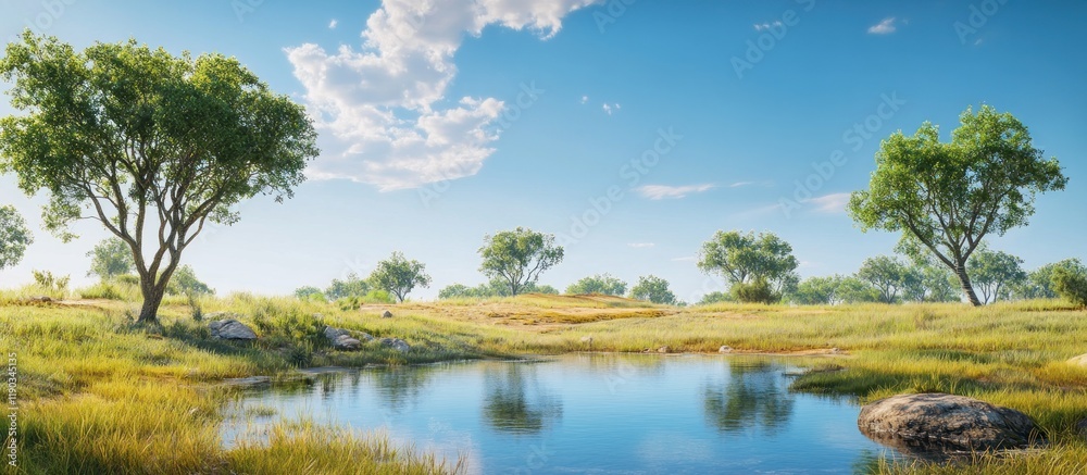 Serene landscape with pond, trees, and blue sky. Serene landscape with pond, trees, and blue sky.