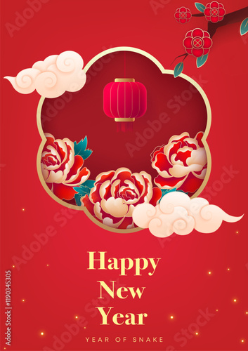 Spring Festival poster design peony flowers and moire on a red background