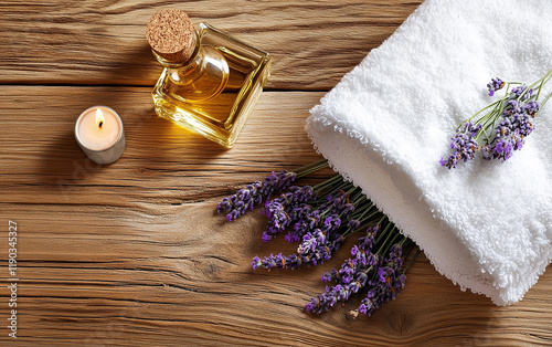 Enhance your natural spa experience with calming lavender oil essential for relaxation combined with a white towel and herbal wellness products to create a peaceful and soothing environment