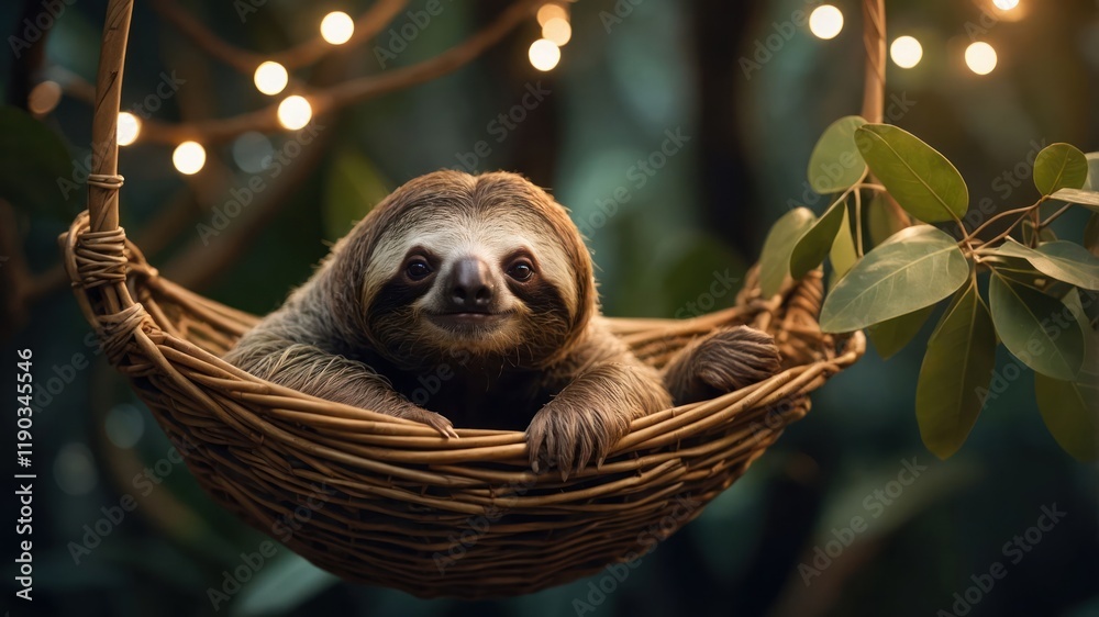 Fototapeta premium A sloth relaxing in a woven basket surrounded by greenery and soft lights.
