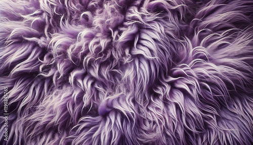 Purple fur texture top view. Purple or lilac sheepskin background. Fur pattern. Texture of lilac shaggy fur. Wool texture. Sheep fur close up