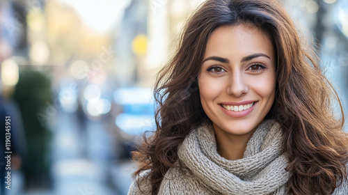 Mediterranean woman with natural smile in urban setting. Ideal for authentic lifestyle, cultural diversity, and positive representation.