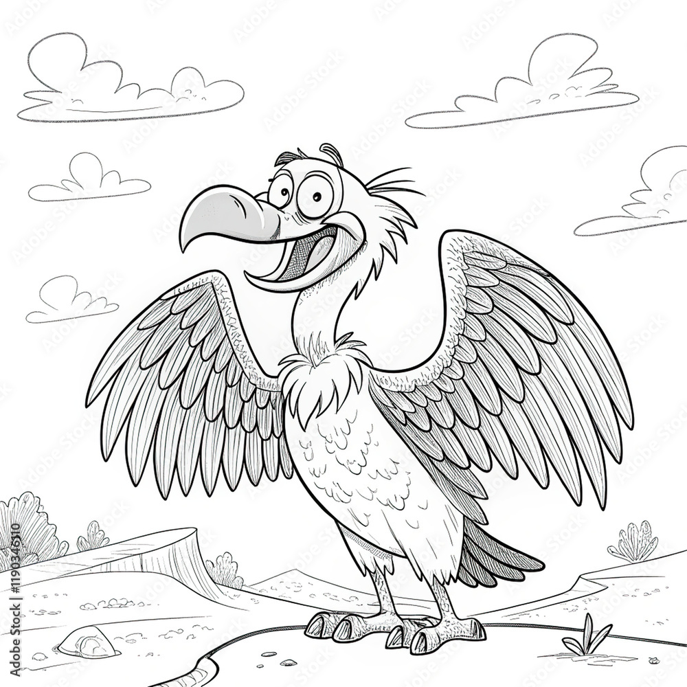 Naklejka premium line black and white cartoon cute vulture coloring page.