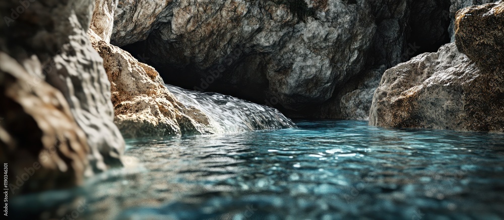 Crystal-clear water flows into a dark cave's mouth, surrounded by rough rocks. Crystal-clear water flows into a dark cave's mouth, surrounded by rough rocks.
