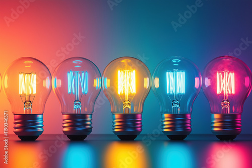 Vibrant neon-lit light bulbs in a row, glowing in bright futuristic colors