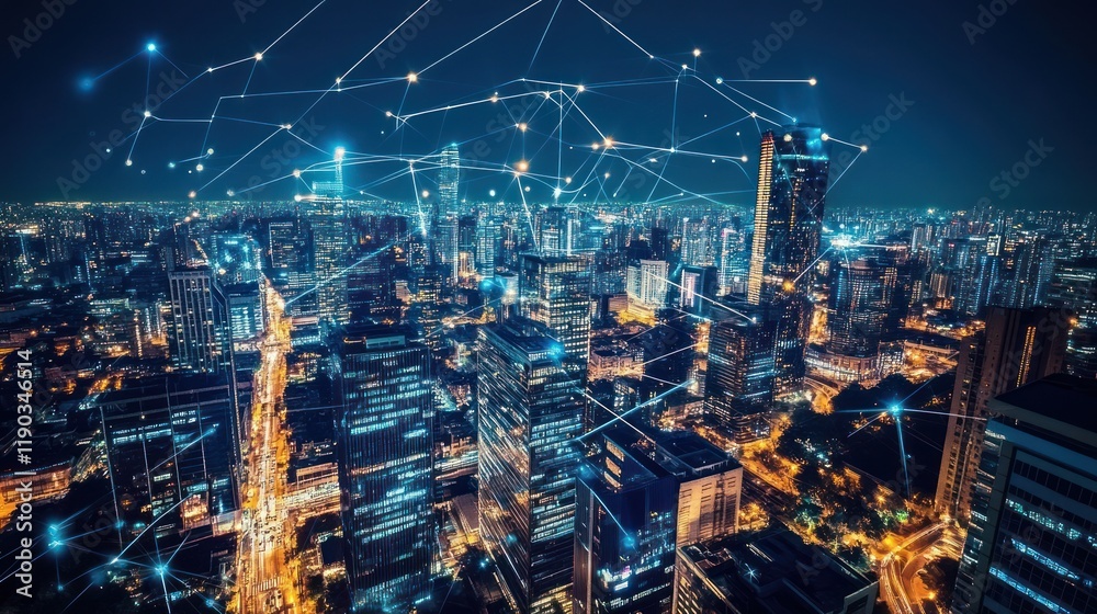 Night cityscape with digital network connections. Night cityscape with digital network connections.