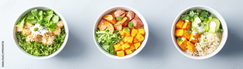 healthy superfoods anti-inflammatory concept. Three vibrant bowls of healthy food featuring fresh ingredients and colorful toppings. healthy superfoods anti-inflammatory concept. Three vibrant bowls of healthy food featuring fresh ingredients and colorful toppings.