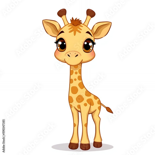 Charming Cartoon Giraffe, Sweetly Posed With A Dotted Coat And Big, Expressive Eyes, Generative AI