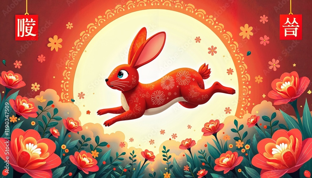 Naklejka premium Vibrant Red Rabbit Leaping Through Moonlit Floral Garden in Traditional Asian Art Style