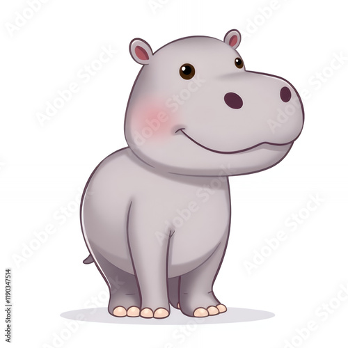 Cute Cartoon Hippo, Cheerfully Posed With A Round Body And A Friendly Smile, Generative AI
