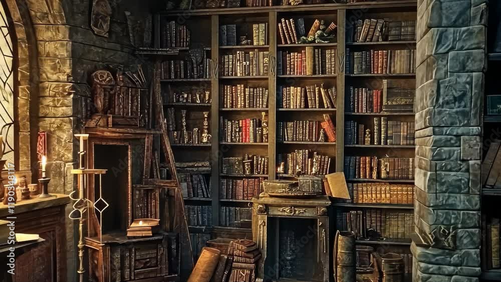 Enchanting witch room filled with ancient books and mystical artifacts in a medieval fantasy setting, Animated background of witch room, medieval fantasy ing time-lapse video