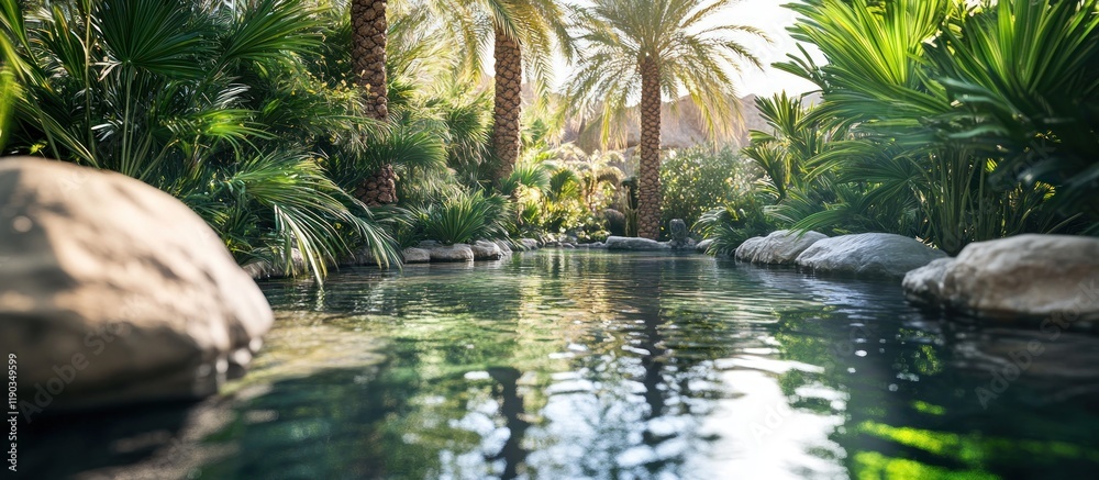 Serene oasis with calm water flowing through lush greenery and palm trees. Serene oasis with calm water flowing through lush greenery and palm trees.