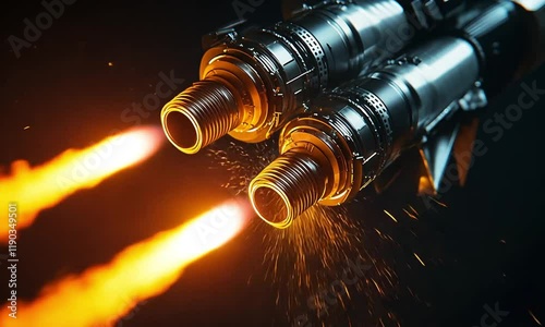 Close-up view of rocket engine nozzles emitting flames and sparks, showcasing powerful propulsion technology in action