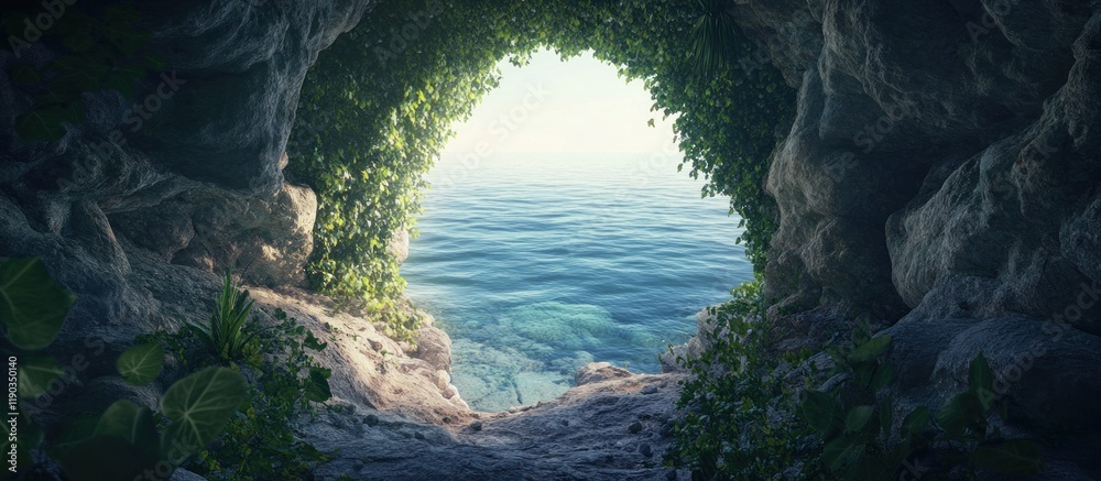 Obraz premium Serene ocean view from a lush, dark cave opening.
