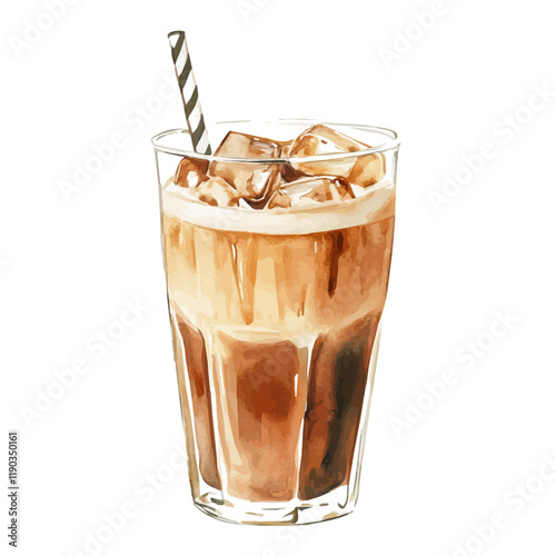A watercolor drawing of an iced coffee latte, isolated on a white background. Iced coffee latte vector.
