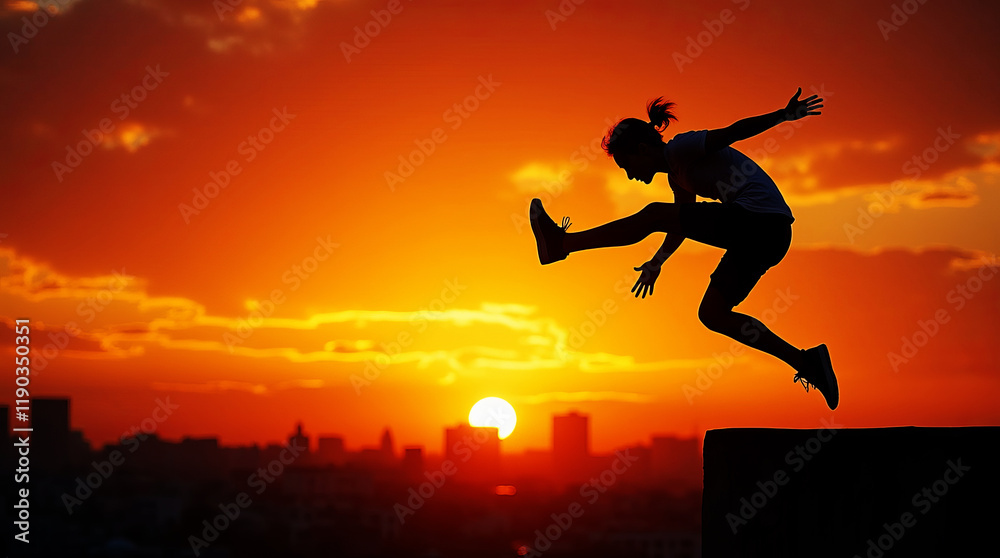 Silhouette of a parkour player jumping over a building at sunset. Silhouette of a parkour player jumping over a building at sunset.