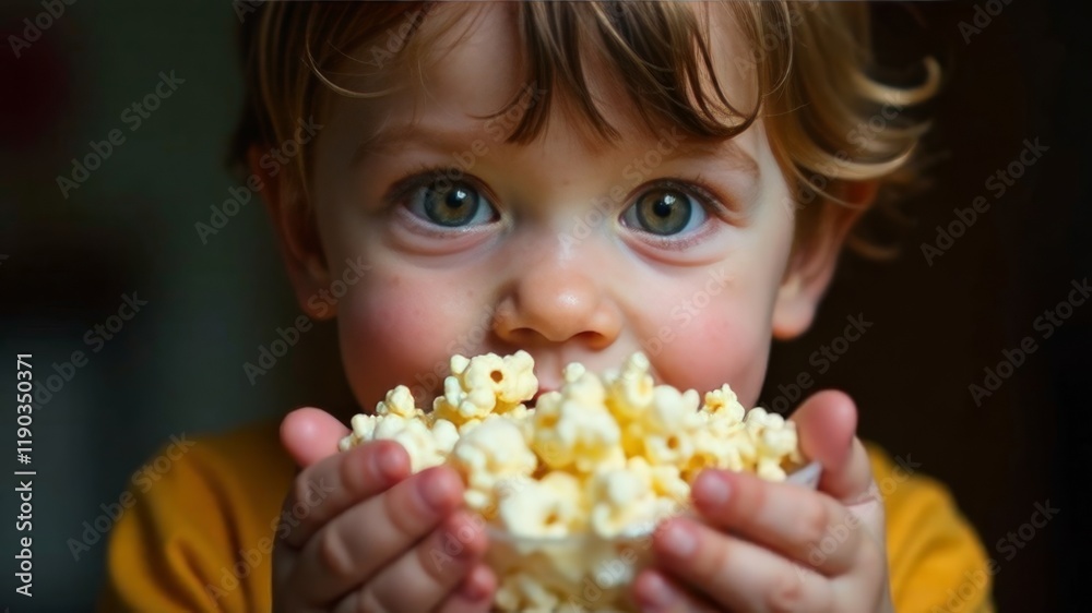A small child holds popcorn in front of him A small child holds popcorn in front of him