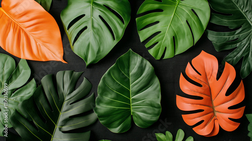 Wallpaper Mural Tropical Leaf Flatlay: A vibrant flatlay showcasing the rich textures and colors of tropical monstera and philodendron leaves in shades of deep green and burnt orange against a dark background.  Torontodigital.ca