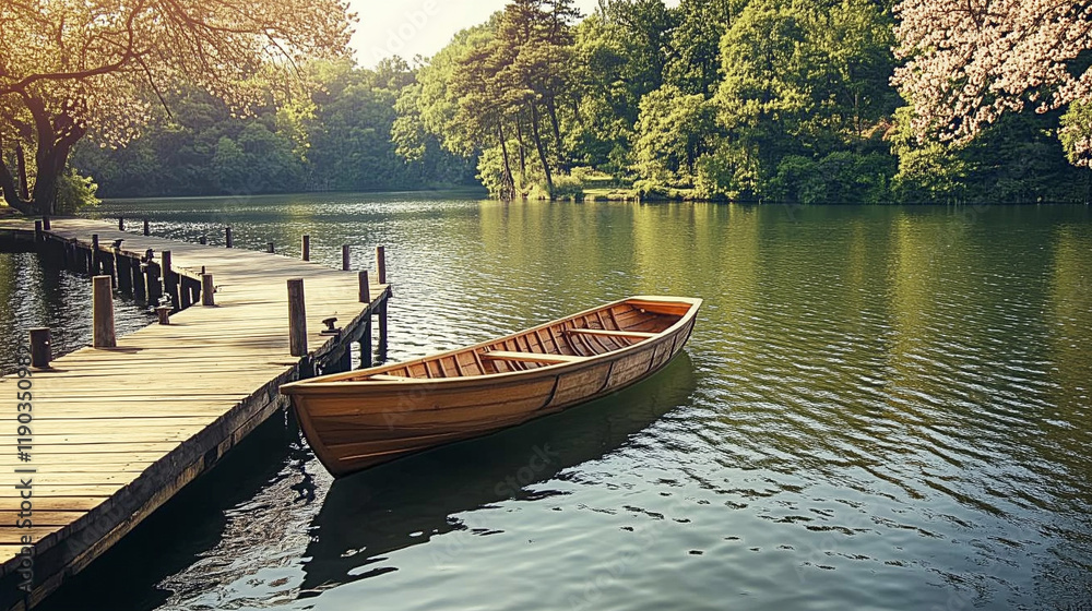 Obraz premium Wooden dock with rowboat by serene spring lake