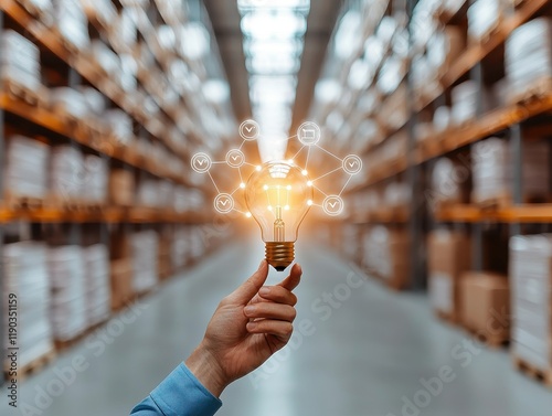 A hand holds a glowing light bulb symbolizing innovation amidst shelves of packed boxes in a warehouse.