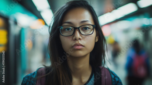 Young Asian woman with glasses in urban transit. Great for city life, commuter lifestyle, and authentic diversity.