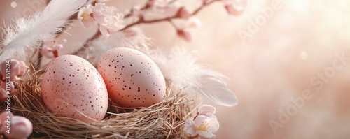 Decorating Easter eggs in a joyful spring setting filled with colors and charm. Easter social media template.  photo