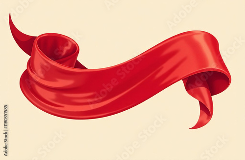 Red satin flying fluttering scarf, smooth fabric with shimmering effect, light background.