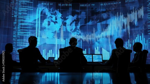 A meeting of officials discussing monetary policies with charts and graphs in the background.