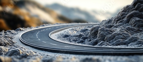 Asphalt road curves around a rocky mountain.