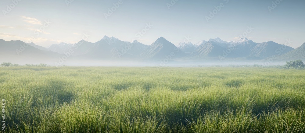 Misty morning landscape with vast green field and distant mountain range. Misty morning landscape with vast green field and distant mountain range.