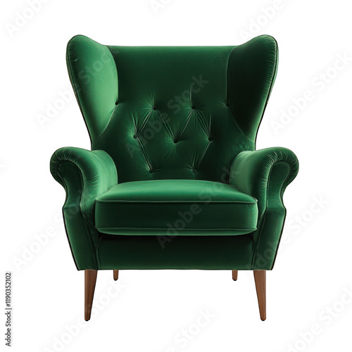 A plush emerald green velvet armchair isolated on transparent background photo