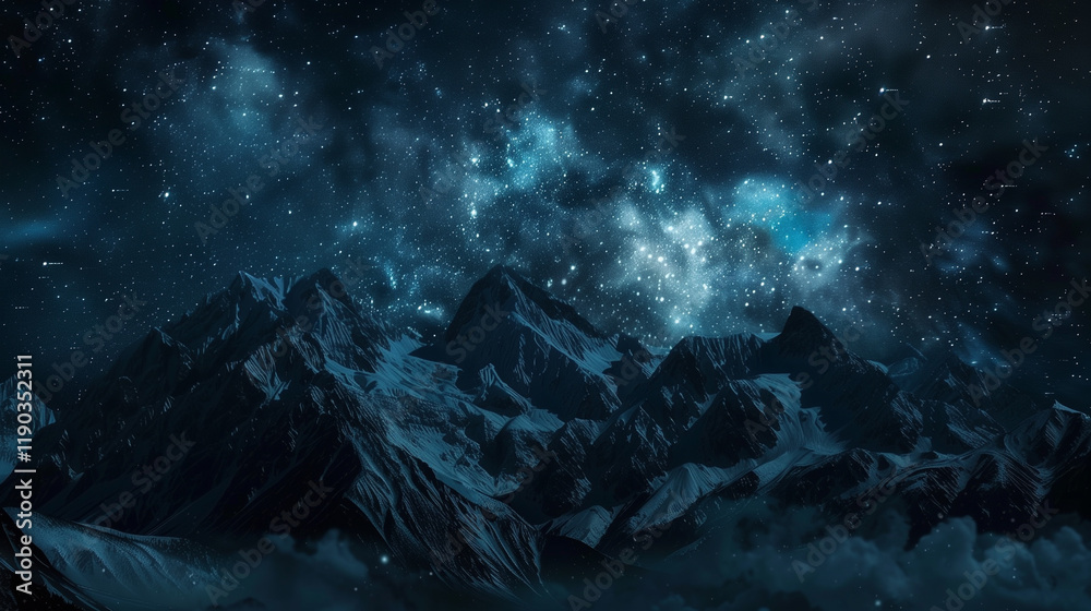 Obraz premium A breathtaking night sky filled with stars illuminates majestic mountains, inviting adventure and exploration in natures beauty